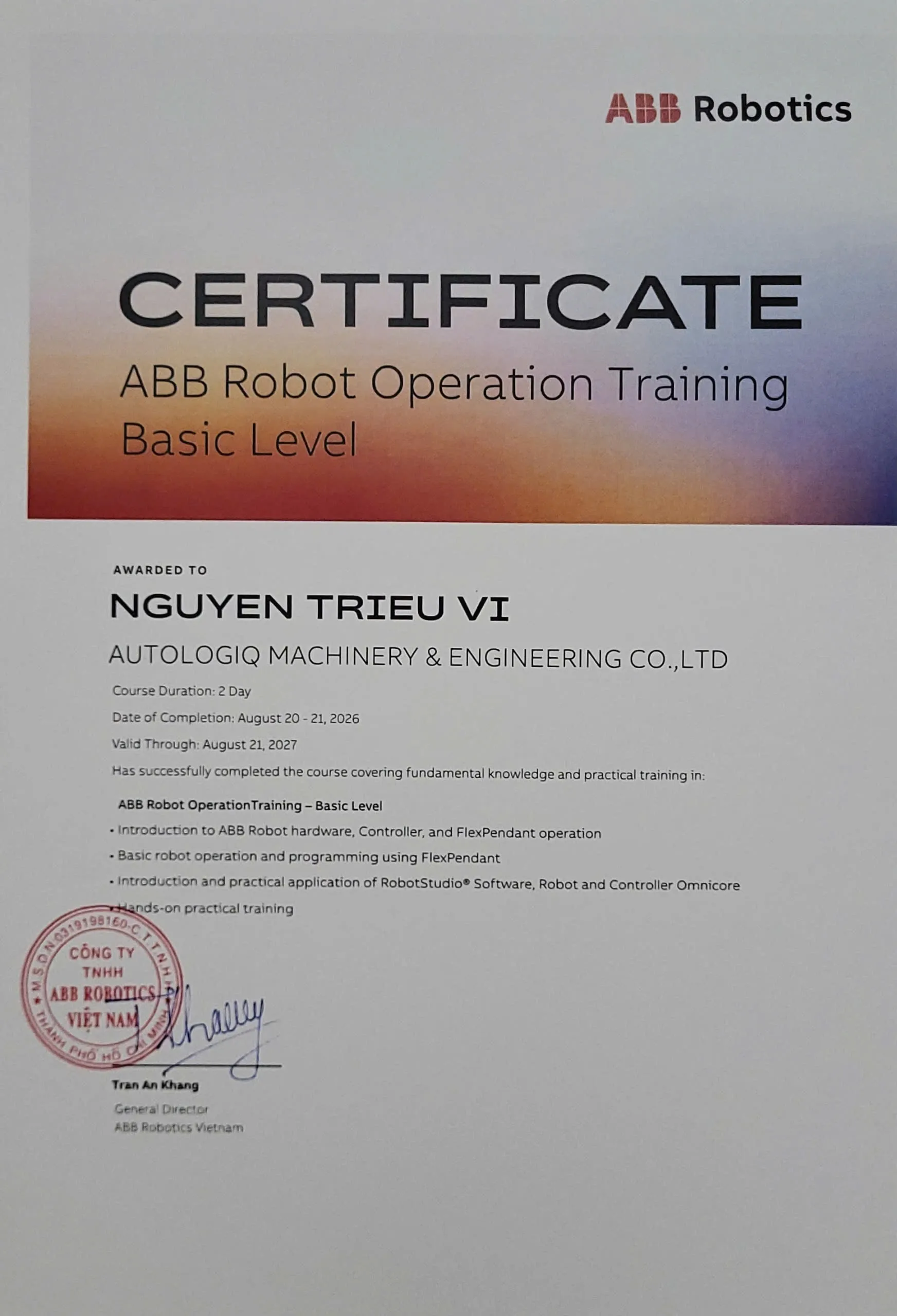 ABB Robot Operation Training certificate