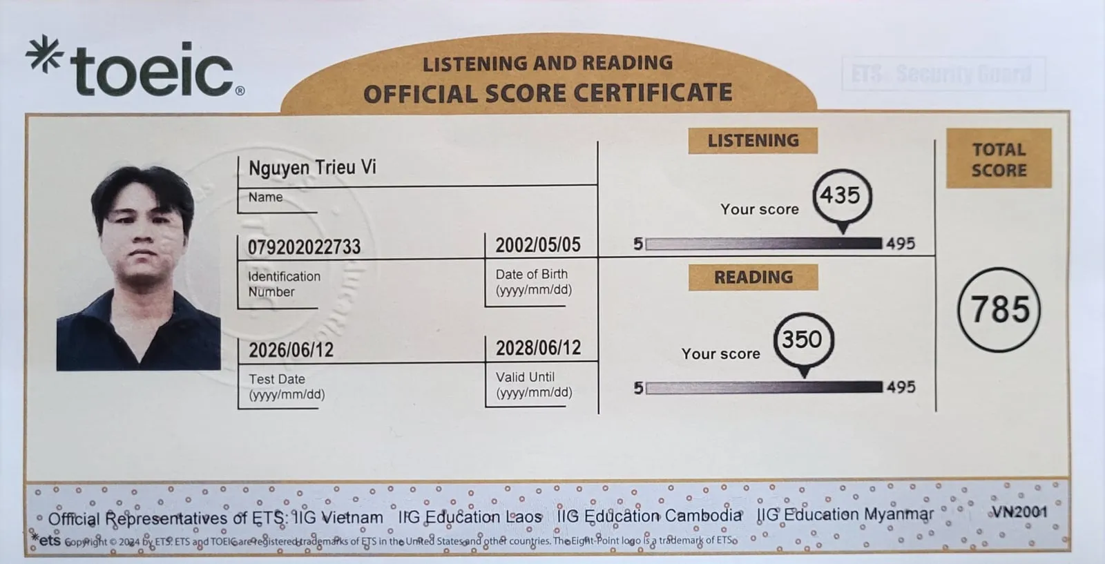TOEIC Listening & Reading — 785/990 certificate